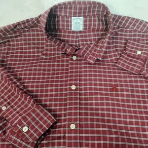 Brooks Brothers Deep Red Oxford Check No Iron Button Shirt Mens XL Long Sleeve F